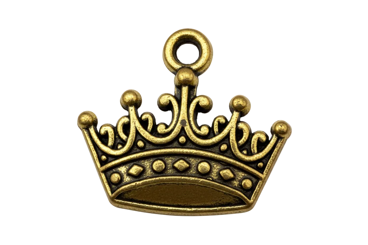 Antiqued gold ornate crown charm with scrollwork and raised dot details