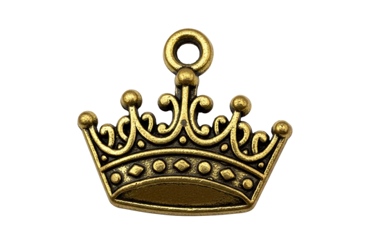 Antiqued gold ornate crown charm with scrollwork and raised dot details