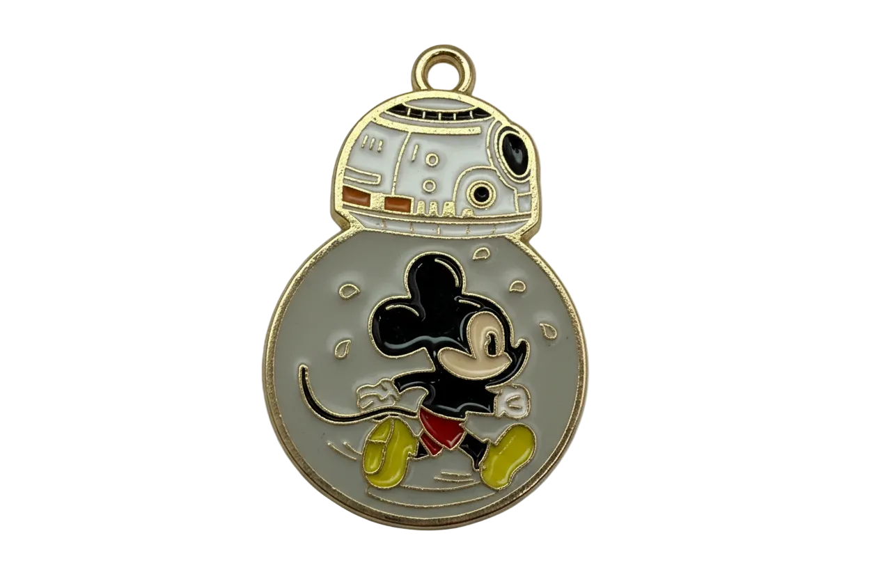 Gray enamel robot sphere with cartoon mouse figure, gold outline, black ears, red shorts, and chartreuse shoes