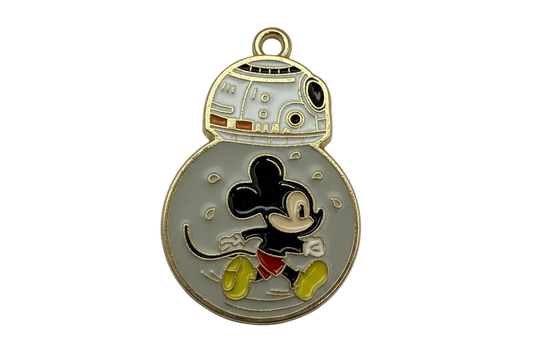 Gray enamel robot sphere with cartoon mouse figure, gold outline, black ears, red shorts, and chartreuse shoes