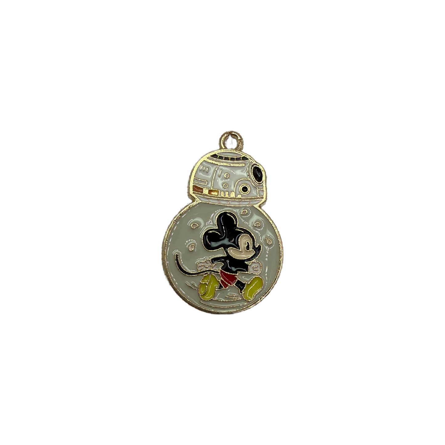 Gray enamel robot sphere with cartoon mouse figure and gold outline