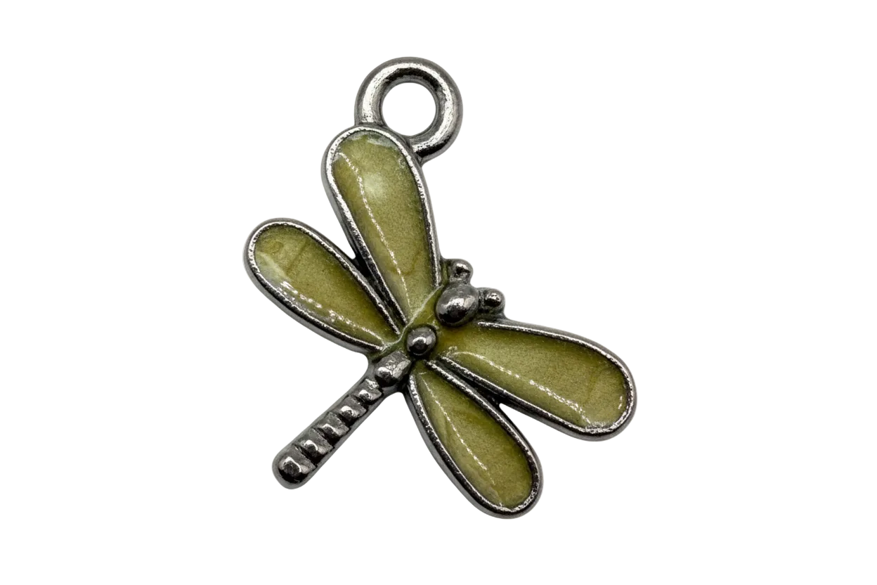 Olive green enamel dragonfly charm in silver-toned metal