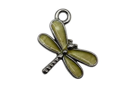 Olive green enamel dragonfly charm in silver-toned metal
