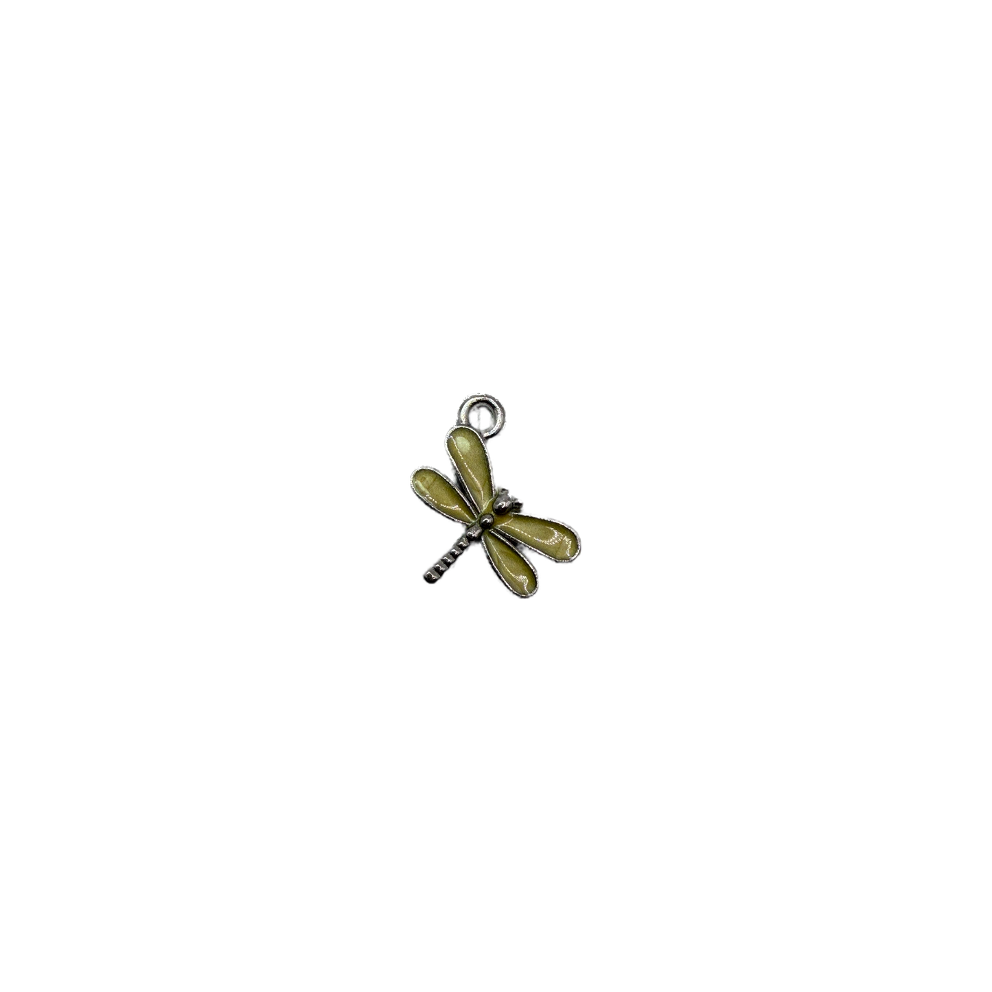 Olive green enamel dragonfly in silver-toned metal