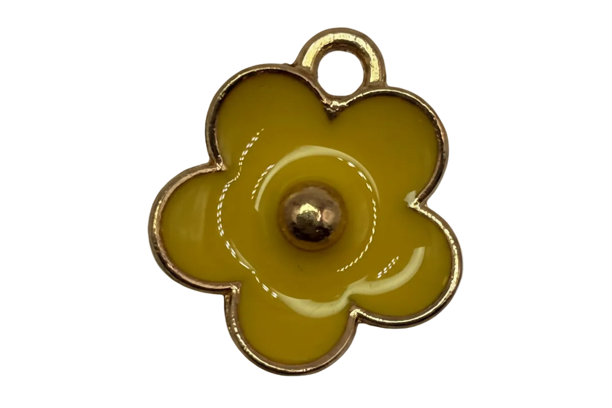Glossy yellow five-petal flower charm with gold outline and domed center