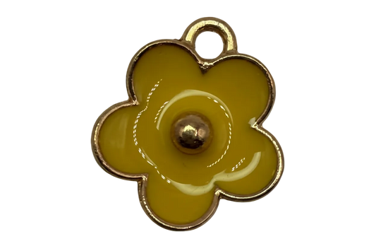 Glossy yellow five-petal flower charm with gold outline and domed center