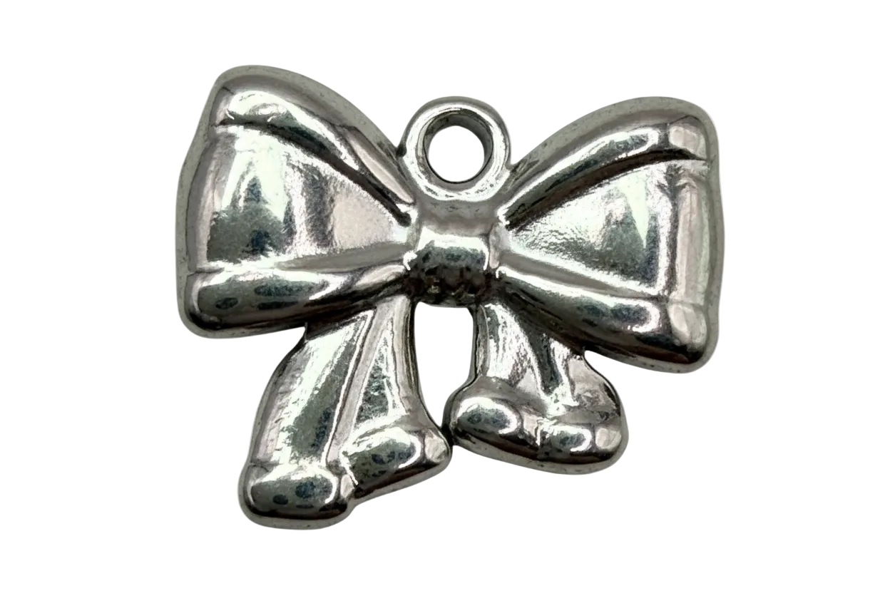 High-polish silver-tone bow ribbon charm with sculpted folds and ribbon tails