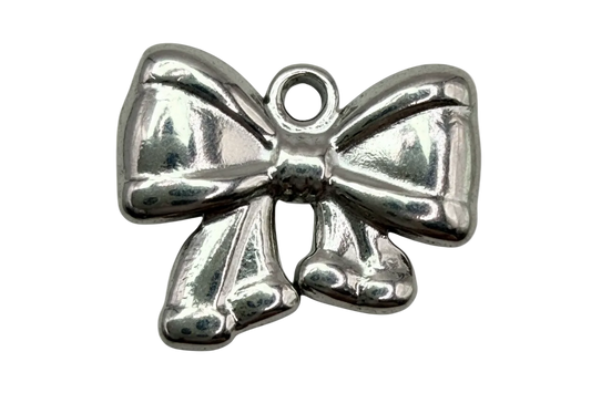 High-polish silver-tone bow ribbon charm with sculpted folds and ribbon tails