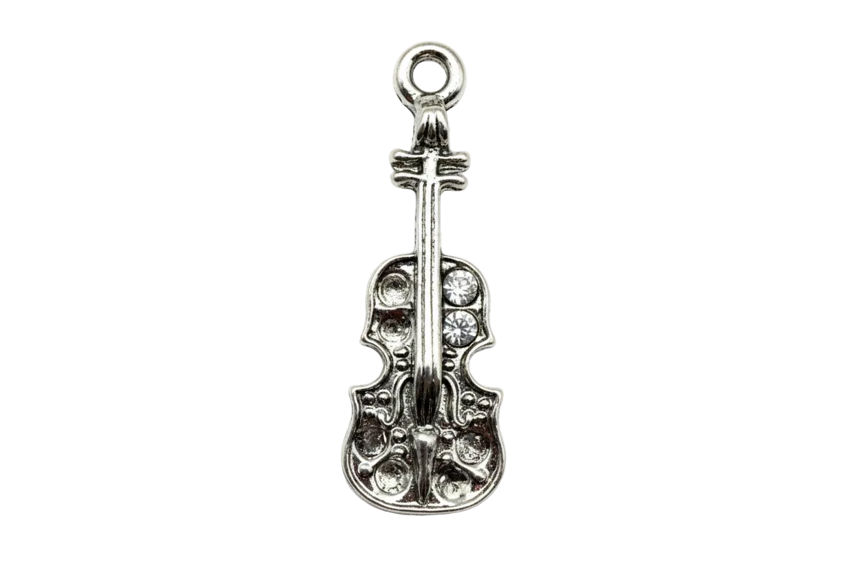 Polished silver violin charm with clear crystal accents