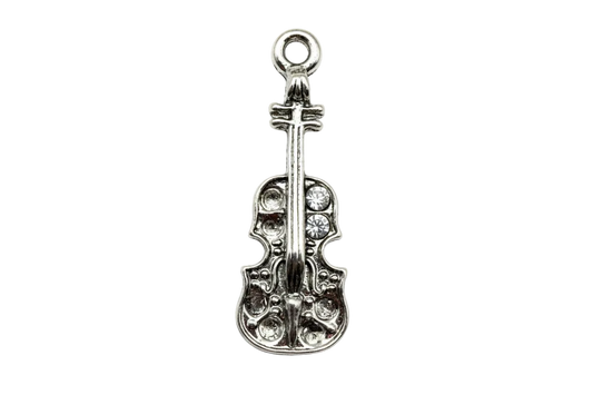 Polished silver violin charm with clear crystal accents