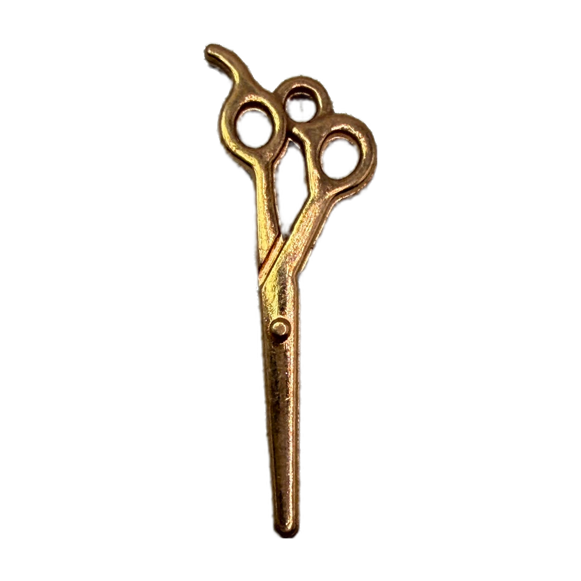 Gold scissors icon charm with vintage-style detailing on a black background