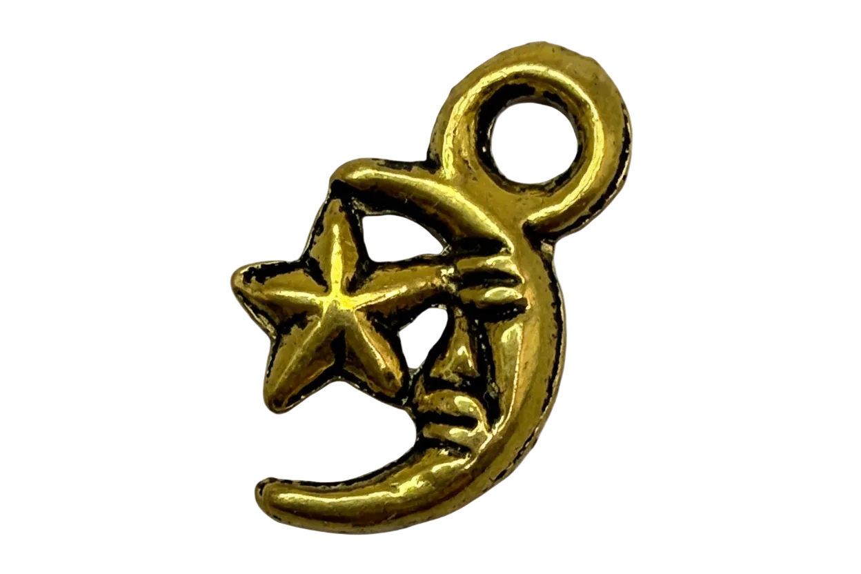 Gold crescent moon and star charm with sculpted details and antiqued shadows