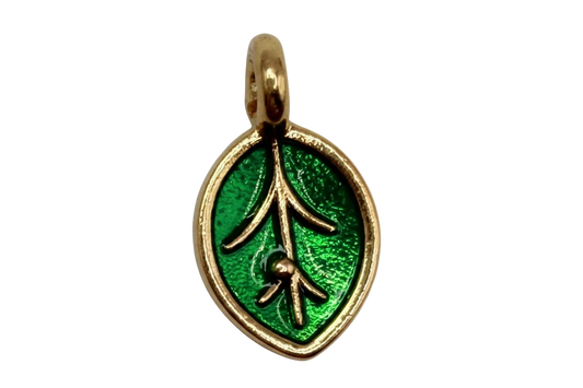 Gold-framed green enamel leaf medallion with raised vein details on black background
