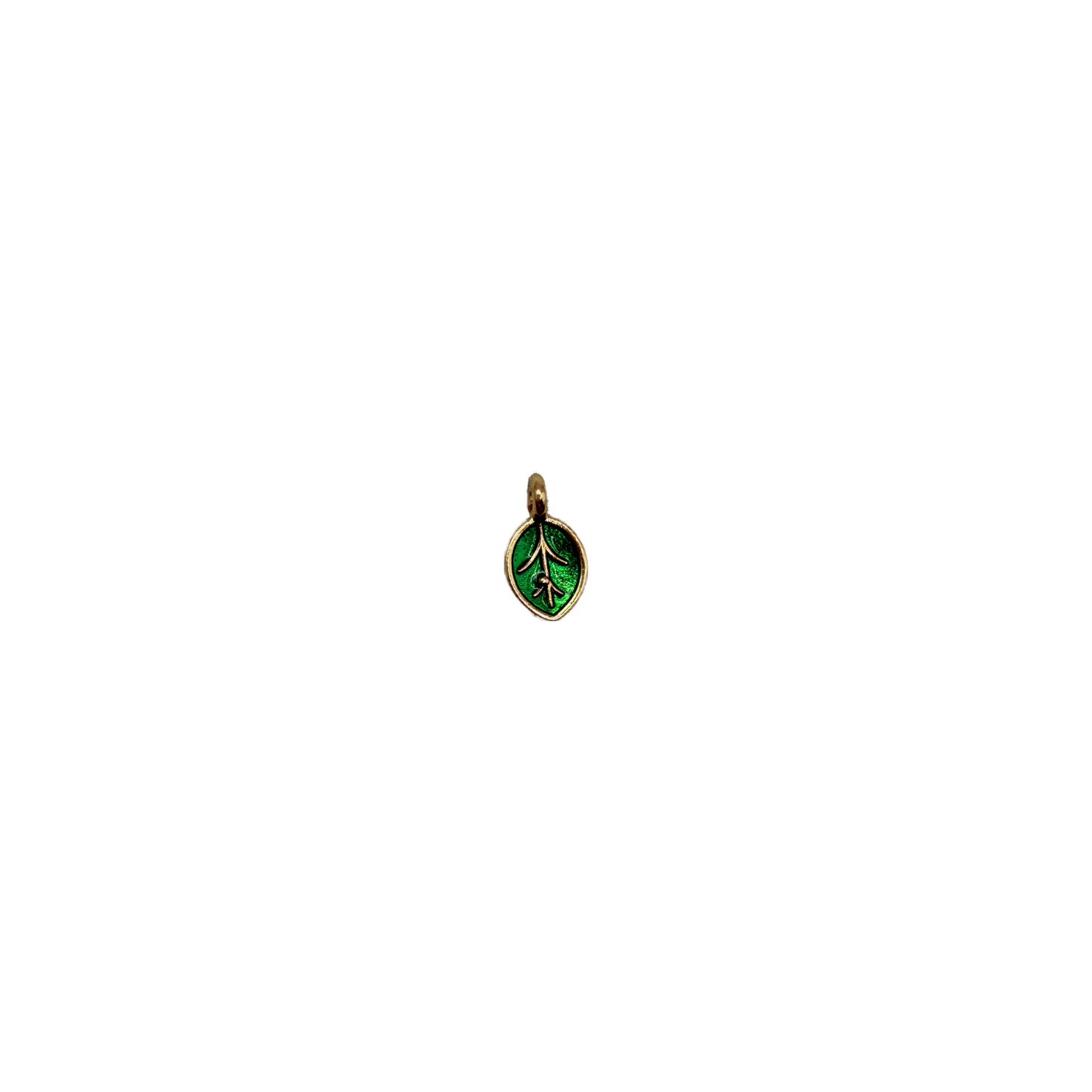 Gold-framed green enamel leaf medallion with vein details