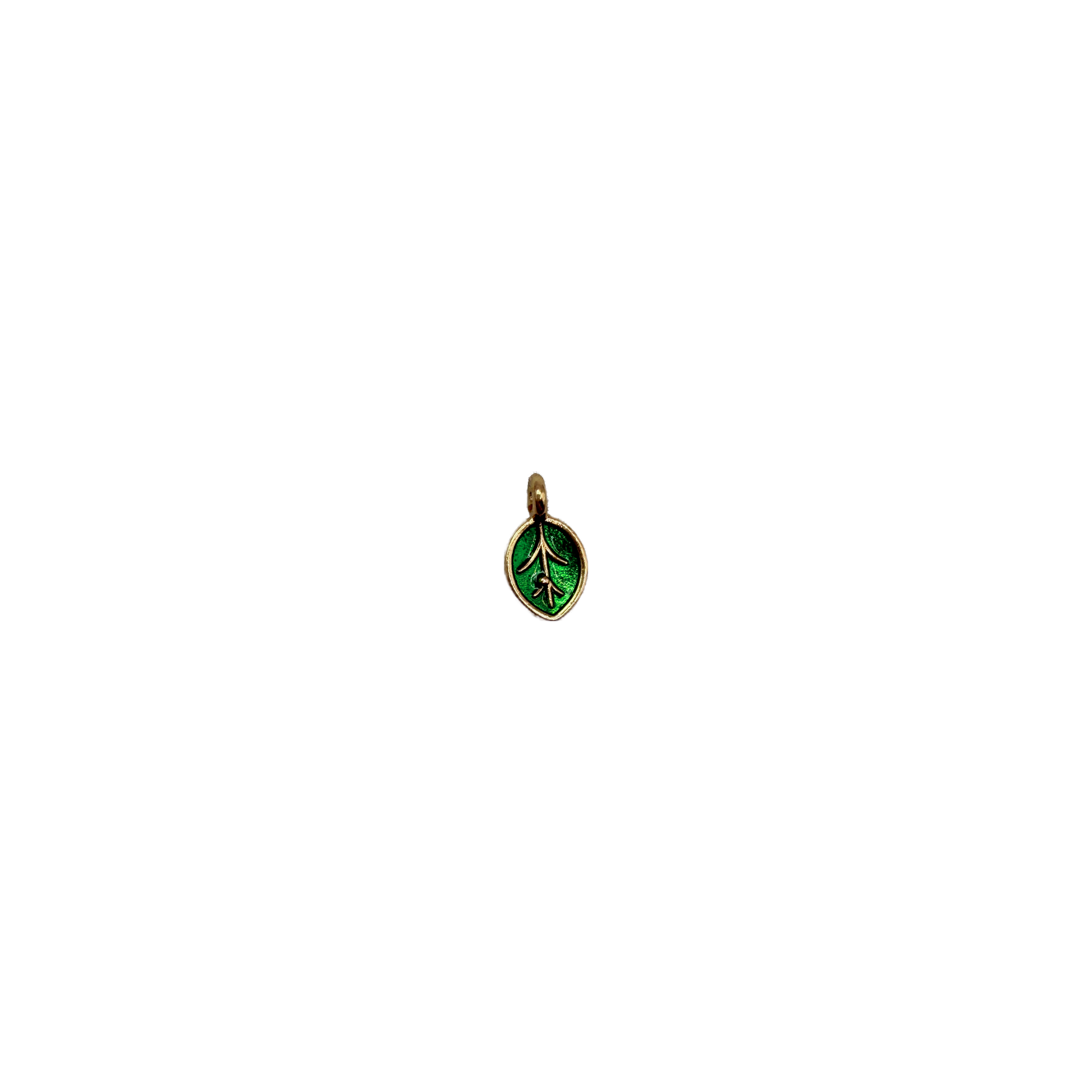 Gold-framed green enamel leaf medallion with vein details