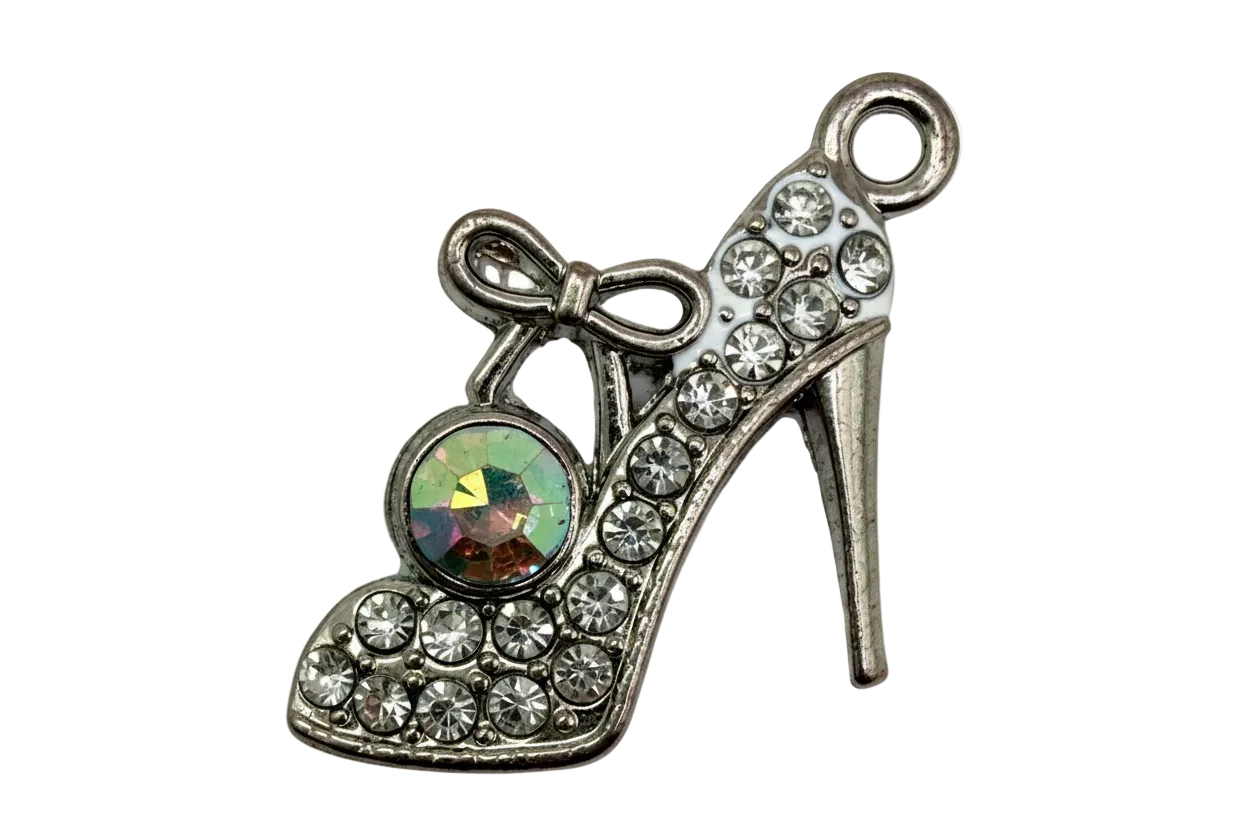 Silver high heel shoe charm with clear crystal pavé, bow detail, and round iridescent gem
