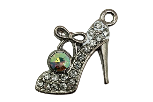 Silver high heel shoe charm with clear crystal pavé, bow detail, and round iridescent gem