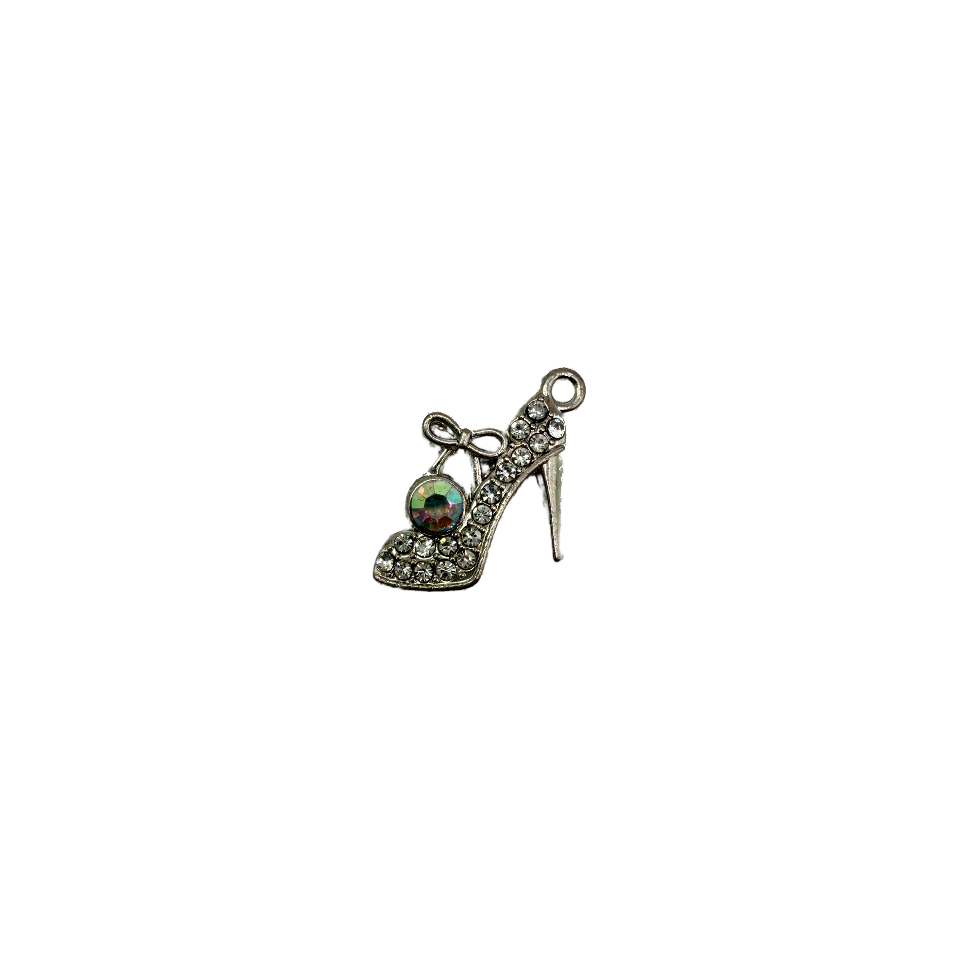 Silver high heel shoe with crystal pavé and iridescent gem