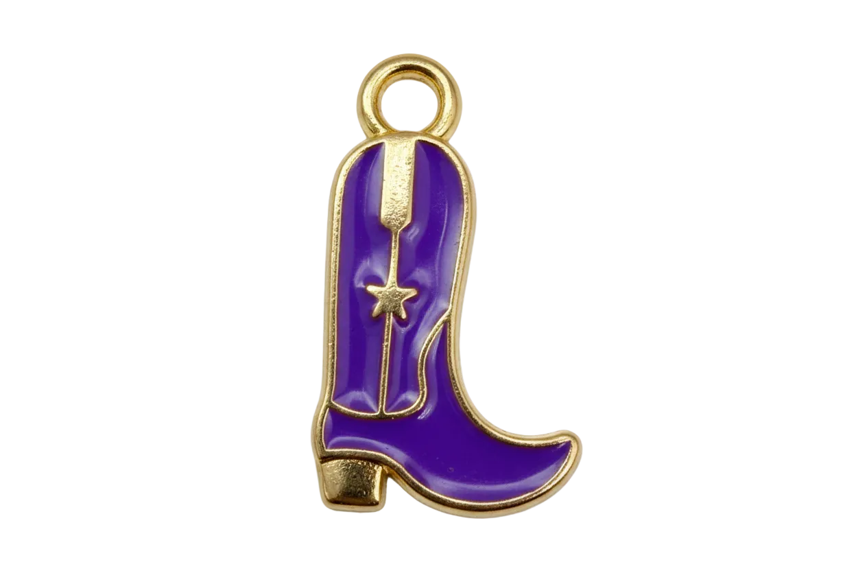 Glossy purple enamel cowboy boot with gold outline and star detail
