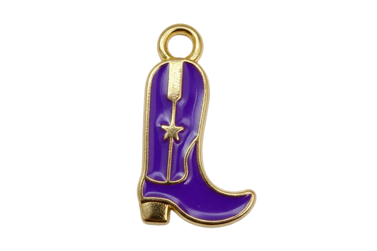 Glossy purple enamel cowboy boot with gold outline and star detail