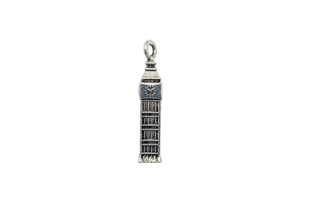 Antiqued silver clock tower charm with engraved clock face and architectural detailing