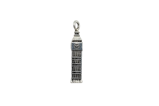 Antiqued silver clock tower charm with engraved clock face and architectural detailing