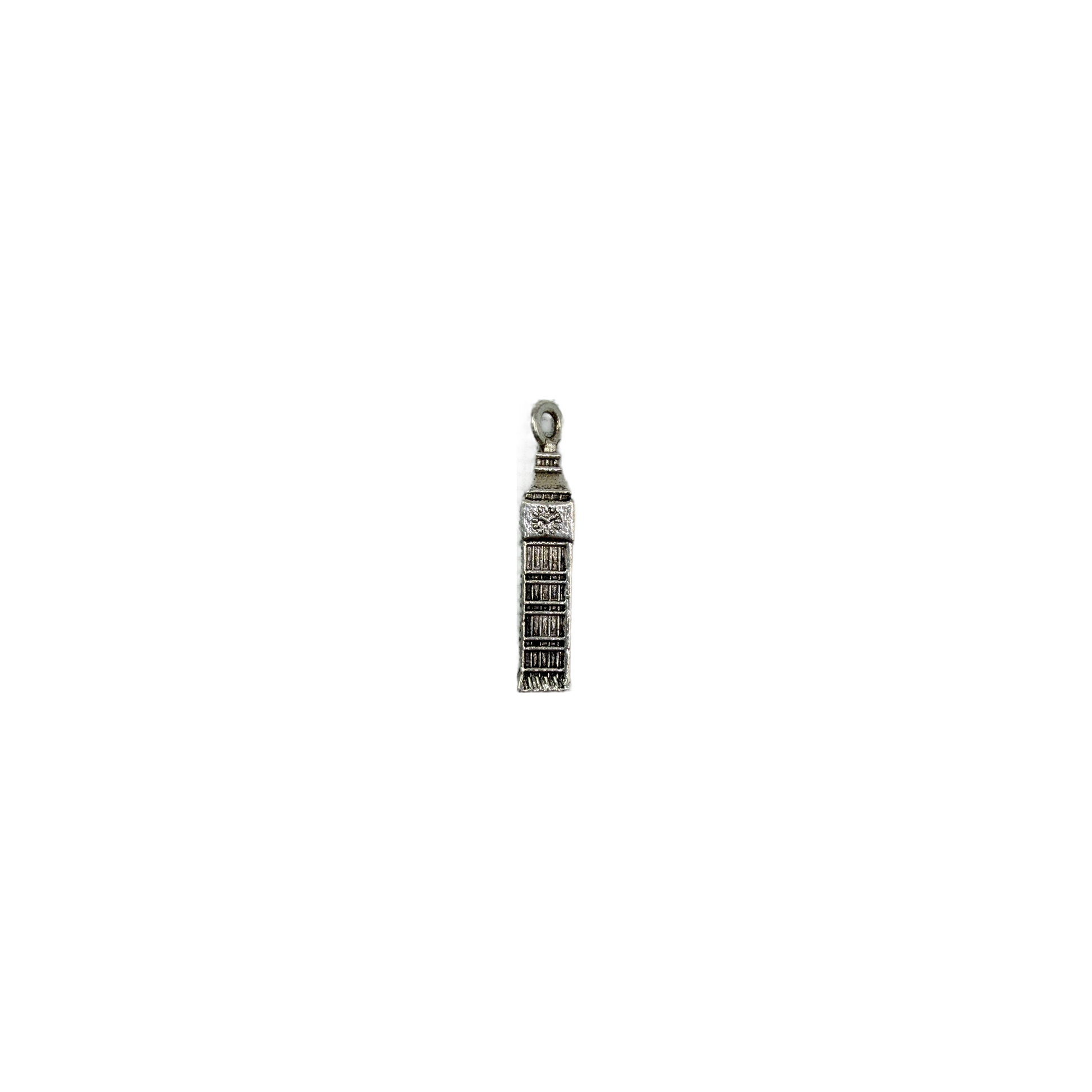 Antiqued silver clock tower charm with engraved clock face