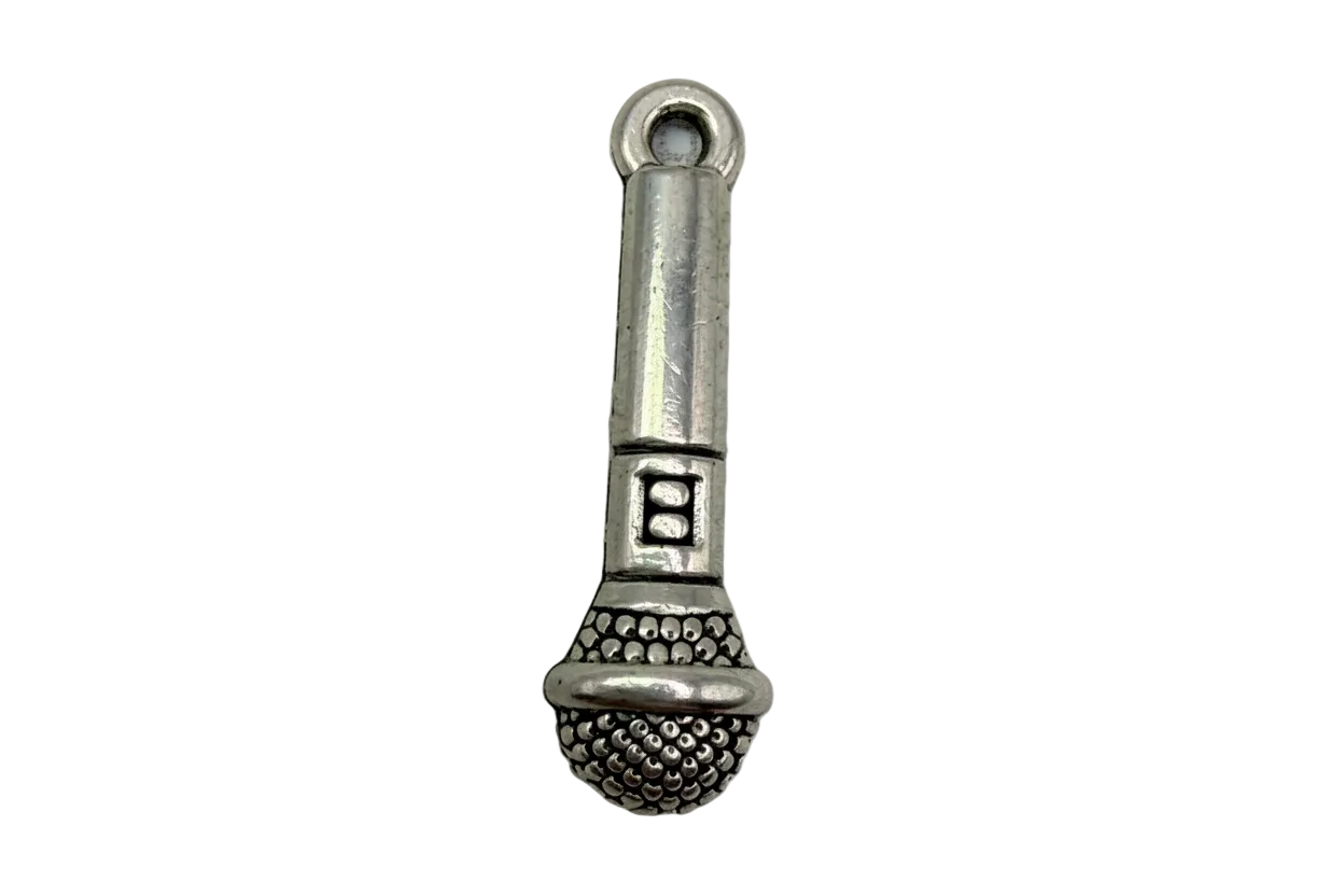 Oxidized silver-toned microphone charm with textured grille and ridged handle