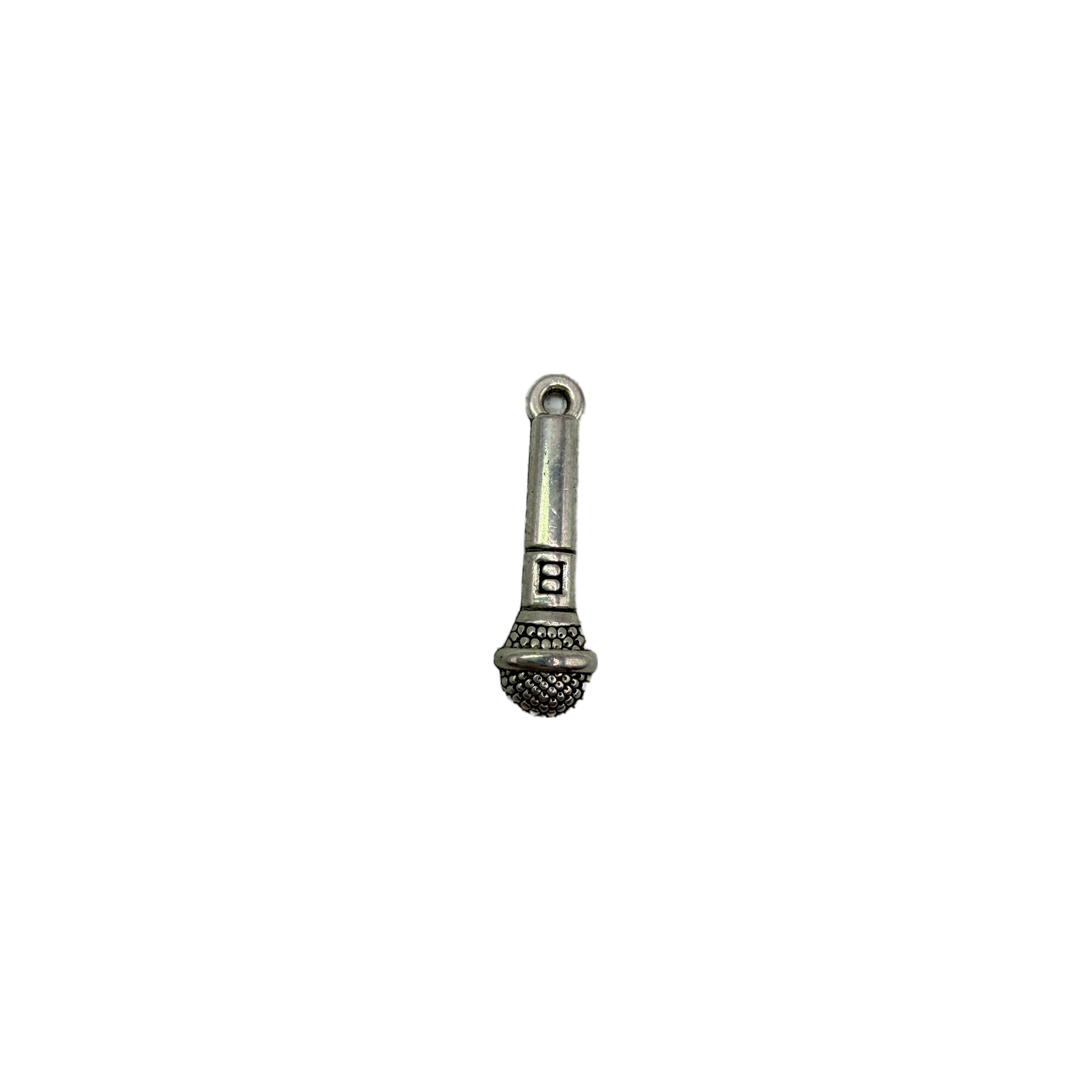 Oxidized silver-toned textured microphone charm