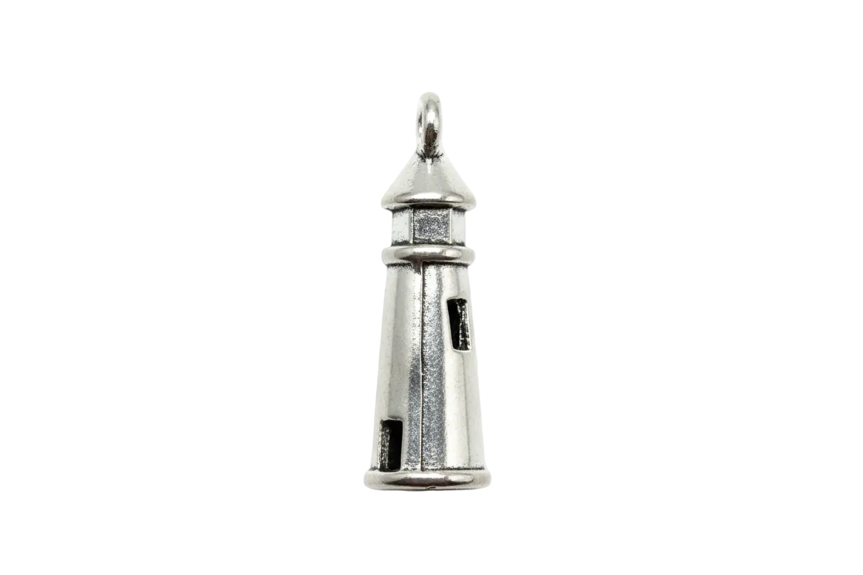 Polished silver lighthouse charm with cutout windows on black background