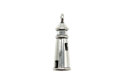 Polished silver lighthouse charm with cutout windows on black background