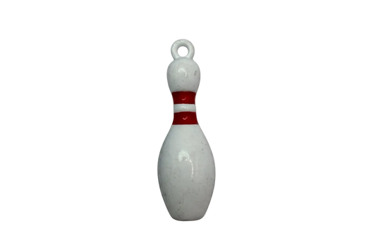 White bowling pin charm with red stripes on a black background