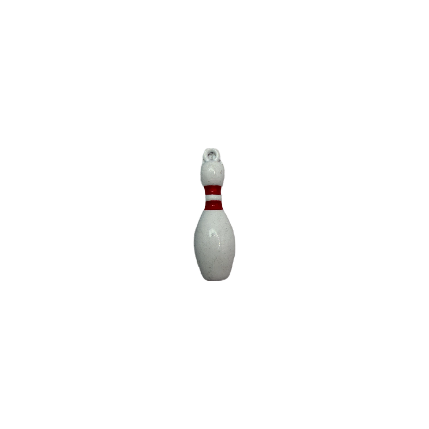 White bowling pin with red stripes on black
