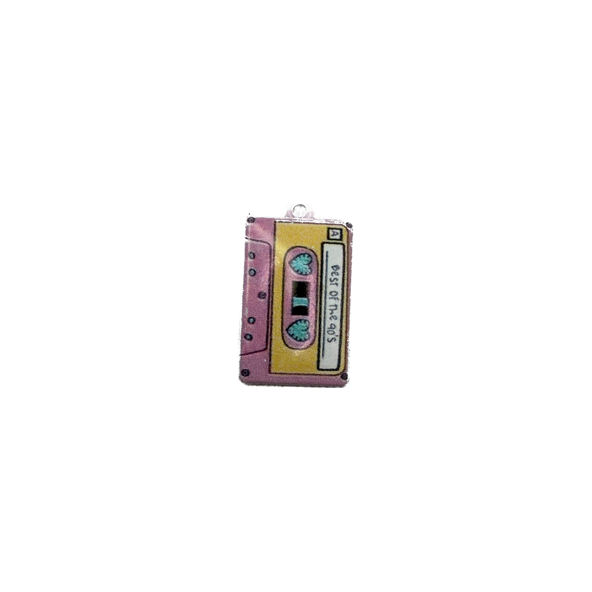 Pastel cassette tape enamel charm with teal heart reels