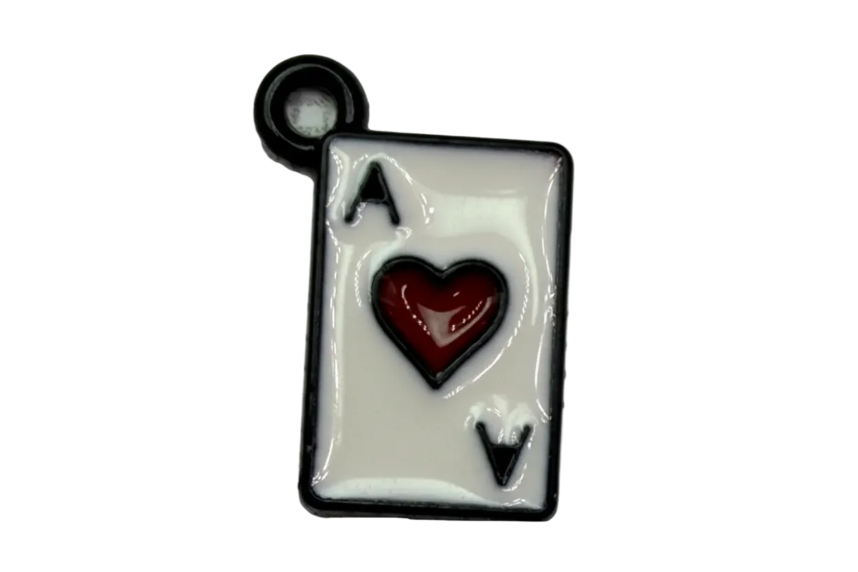 Glossy white enamel ace of hearts playing card charm with red heart and black border