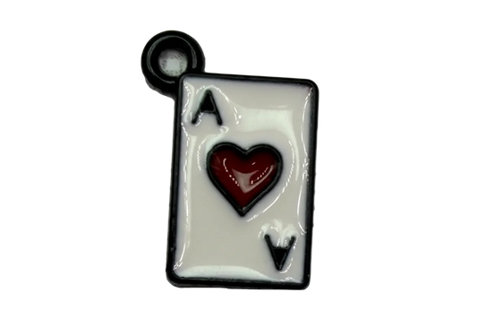 Glossy white enamel ace of hearts playing card charm with red heart and black border