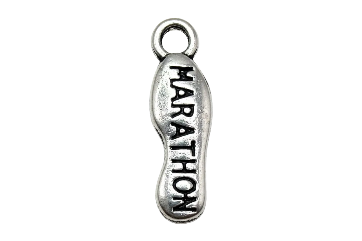 Silver engraved tag with darkened “MARATHON” lettering