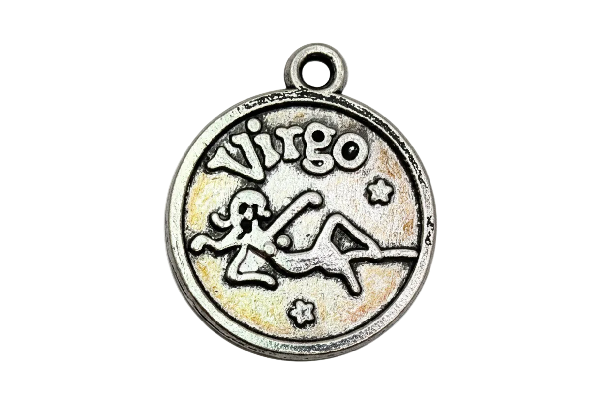 Antique silver round Virgo zodiac medallion with reclining figure and star accents