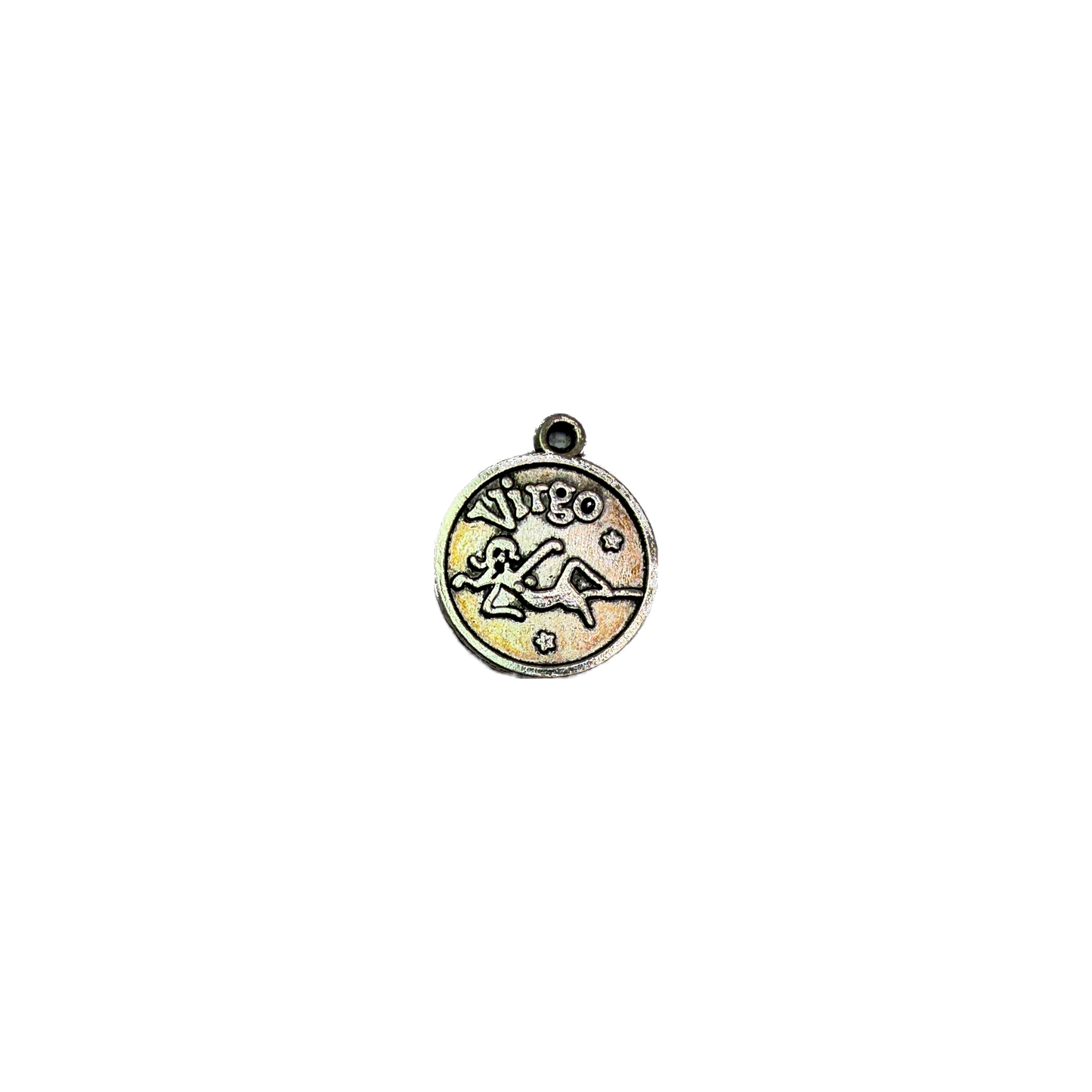 Silver Virgo zodiac coin medallion with stars