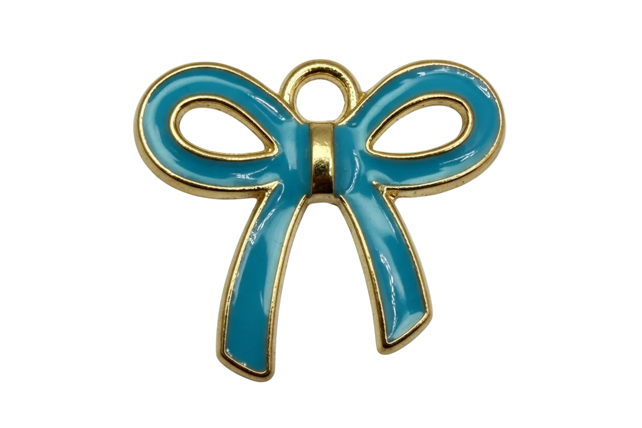 Glossy teal bow with gold outline, enamel finish