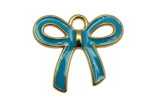 Glossy teal bow with gold outline, enamel finish