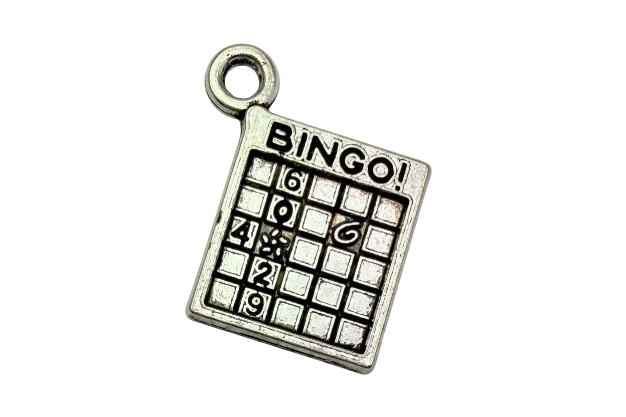 Silver bingo game card charm with black grid and raised "BINGO" lettering