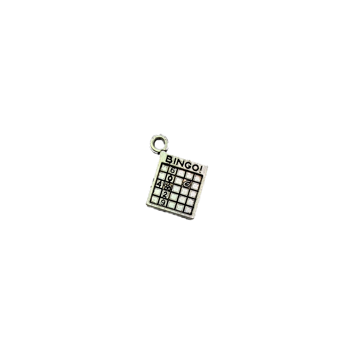Silver bingo card with black grid and "BINGO" lettering