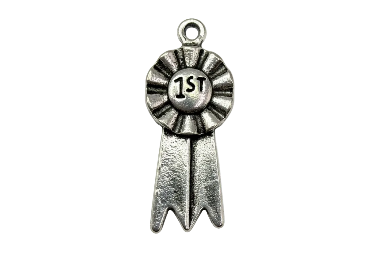 Oxidized silver first place ribbon medal with raised rosette and “1st” text