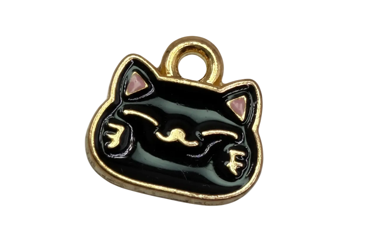 Glossy black lucky cat motif with gold outline and pink ears