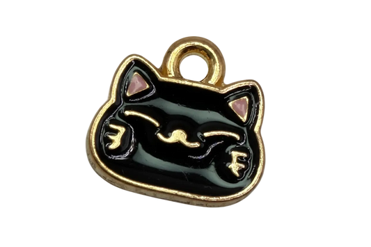 Glossy black lucky cat motif with gold outline and pink ears