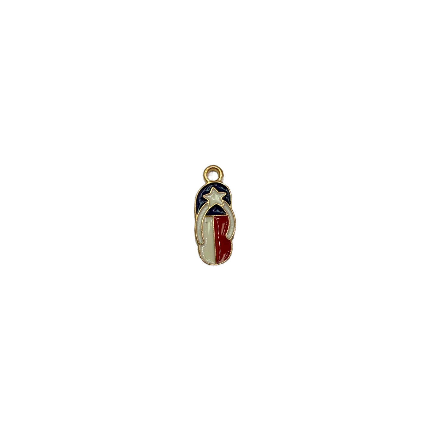 Enamel flip-flop sandal with star, navy, gray, red and ivory, gold outline