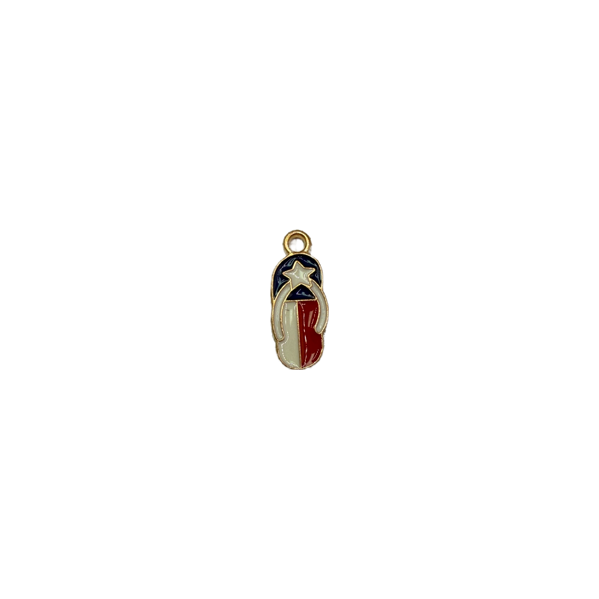 Enamel flip-flop sandal with star, navy, gray, red and ivory, gold outline