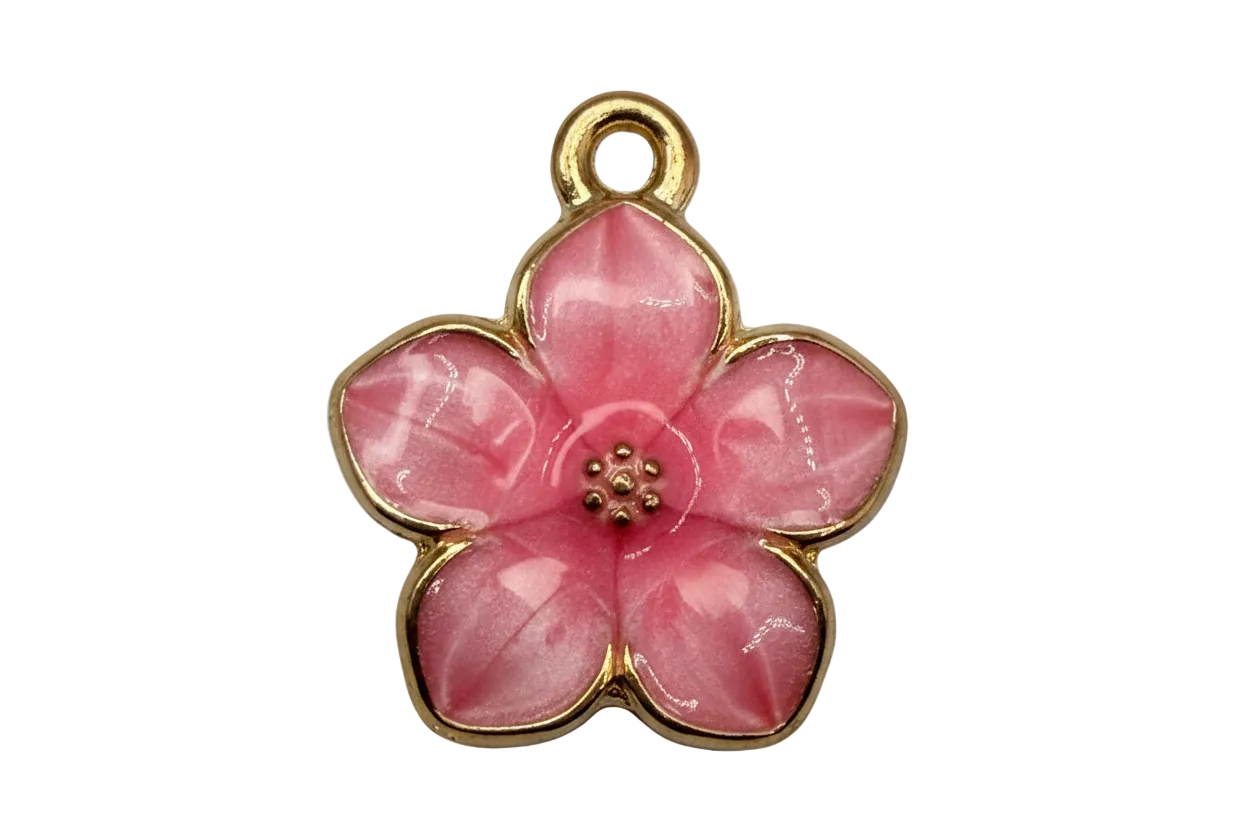 Glossy pink five-petal blossom charm with gold outline and beaded center