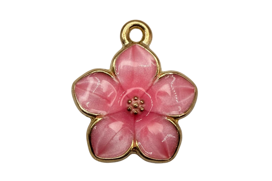Glossy pink five-petal blossom charm with gold outline and beaded center